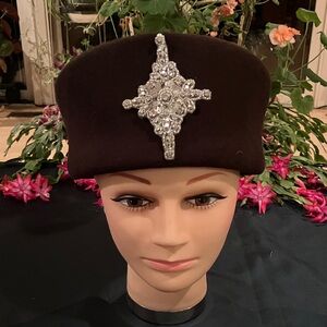Elegant Brown Wool Hat with Silver Rhinestone Beaded Embellishment
